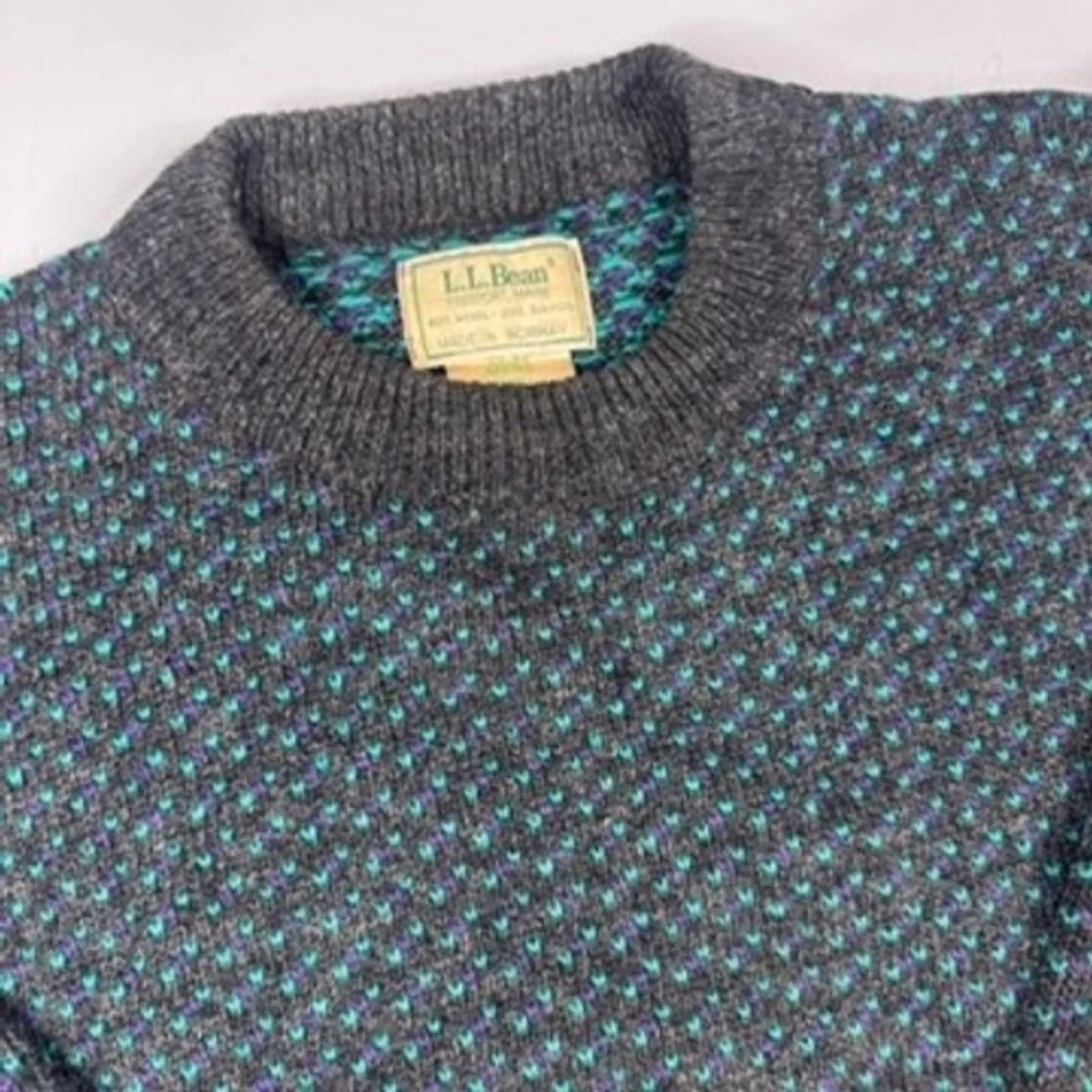 L.L. Bean Vintage 80s Birdseye Sweater Men Small Gray Blue Wool Fisherman Norway